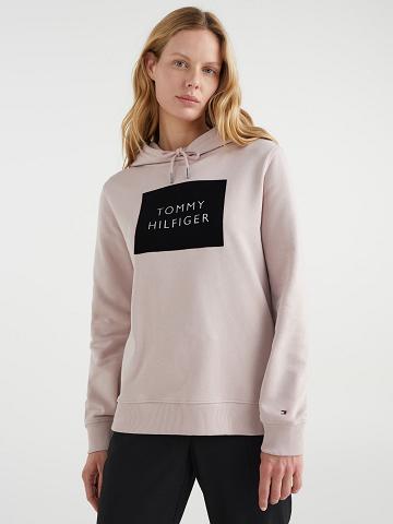 Női Tommy Hilfiger Organic Pamut Flocked Logo Hoodies Bézs | HU 156DFM